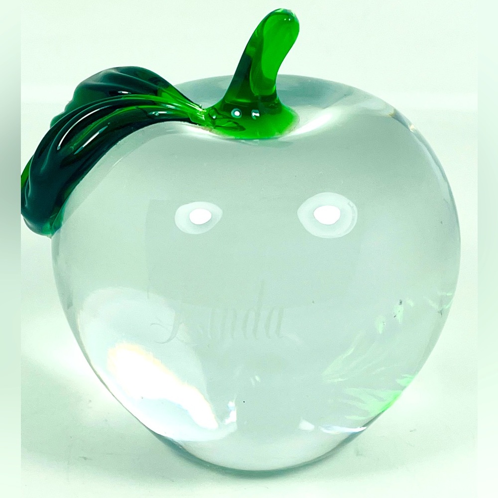 Art Glass Apple Paperweight Clear Gree Personalized LINDA